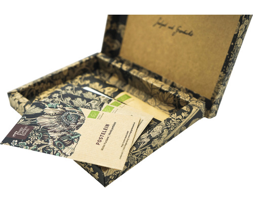 Geöffnete Saatgutbox mit verschiedenen Saatguttüten