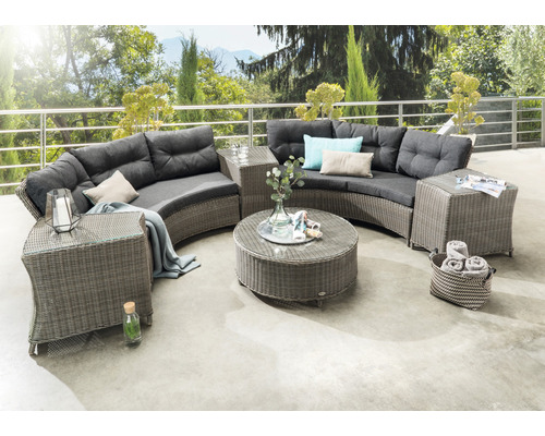 Loungeset Destiny RIO halbrund, 2 Schenkel, 3 Beistelltische, 1 Tisch Ø90x38cm Graue Loungegruppe aus Polyrattan mit Tischgarnitur auf einer Terrasse