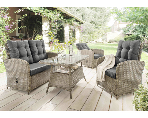 Loungeset Destiny MERANO 2 Sessel, 2er Sofa, 1 Tisch 120x77x66cm, vintage grau Gartenmöbelset mit Rattanoptik, bestehend aus Sofa, Sessel und Tisch mit Glasplatte