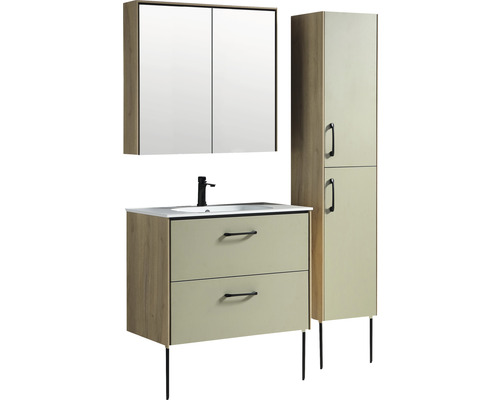 Badezimmermöbel Set mit Waschbeckenunterschrank, Spiegelschrank und Hochschrank