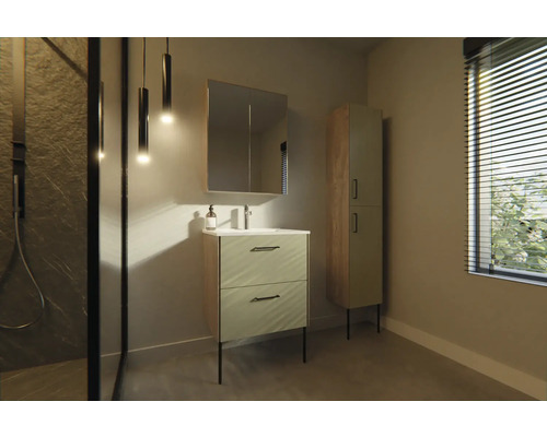 Modernes Badezimmer mit Waschtischunterschrank, Spiegelschrank und Hochschrank