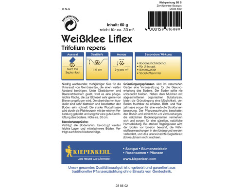 Verpackung Weißklee Liflex Samen, Inhalt 60 Gramm, ausreichend für circa 30 Quadratmeter
