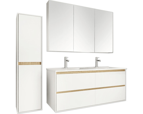 Weißes Badezimmerset mit Spiegelschrank, Waschtisch und Hochschrank