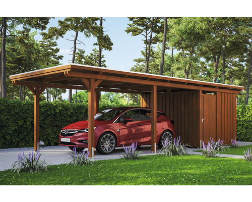 Einzelcarport SKAN HOLZ Emsland inkl. Abstellraum, Pfostenanker 354 x 846 cm nussbaum