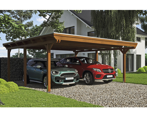 Doppelcarport SKAN HOLZ Emsland inkl. Pfostenanker 613 x 604 cm nussbaum