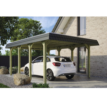 Carport aus Holz mit einem Auto darunter
