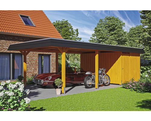 Einzelcarport SKAN HOLZ Wendland inkl. Abstellraum, Pfostenanker 409 x 870 cm eiche hell