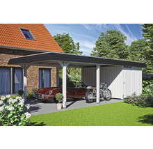Einzelcarport SKAN HOLZ Wendland schwarze Blende inkl. Abstellraum, EPDM Folie, Pfostenanker 409 x 870 cm weiß