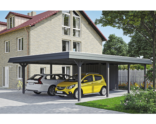 Doppelcarport SKAN HOLZ Wendland inkl. Abstellraum, EPDM Folie, Pfostenanker 630 x 879 cm schiefer