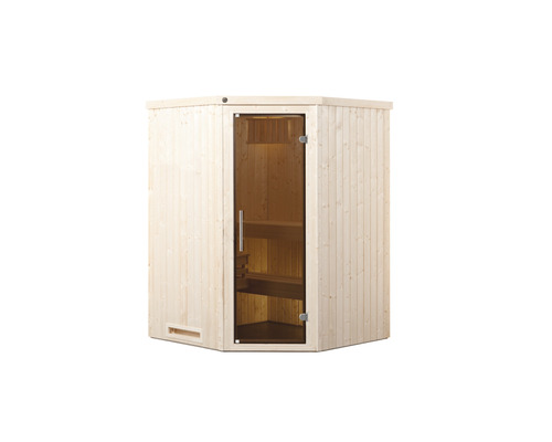 Sauna aus Holz mit Glastür