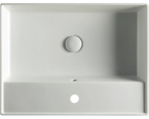 Aufsicht auf ein eckiges Waschbecken aus Keramik mit Ablaufgarnitur