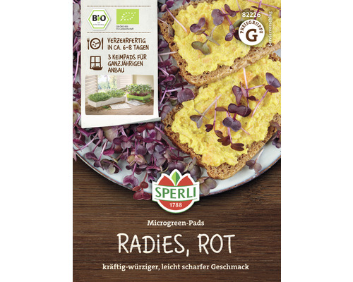 Sperli Logo. Microgreen Pads Roter Rettich mit Verzehrvorschlag auf Brot