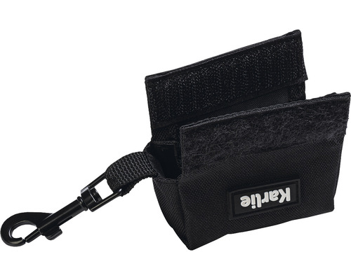 Schwarze Futtertasche mit Karabinerhaken und Klettverschluss