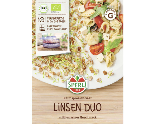 Sperli Linsen Duo Keimsprossen-Saat auf Verpackung und Teller angerichtet