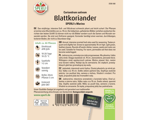 Samenpackung Blattkoriander der Marke Sperli