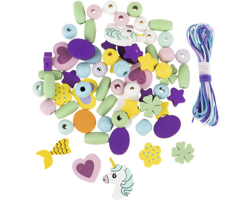 Holzperlen-Set mit Motiven wie Einhorn, Herz und Stern