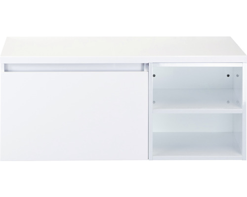 Waschtischunterschrank Sanox Frozen BxHxT 100 x 43 cm x 45 cm Frontfarbe weiß hochglanz mit Waschtischplatte und Regal