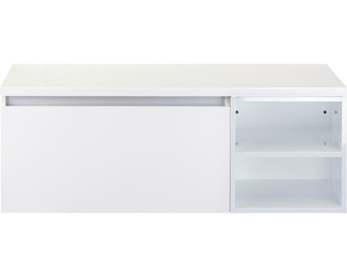 Waschtischunterschrank Sanox Frozen BxHxT 120 x 43 cm x 45 cm Frontfarbe weiß hochglanz mit Waschtischplatte und Regal