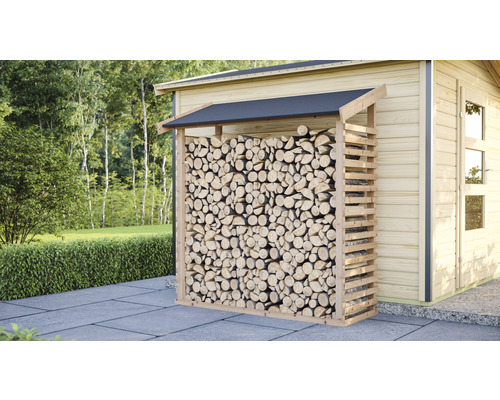Kaminholzunterstand Karibu 165,2 x 60,4 x 184,4 cm natur Holzlager mit Holz unter einem Dach im Garten
