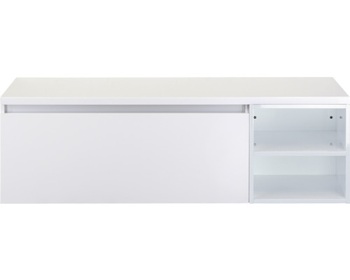 Waschtischunterschrank Sanox Frozen BxHxT 140 x 43 cm x 45 cm Frontfarbe weiß hochglanz mit Waschtischplatte und Regal
