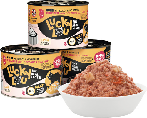 Lucky Lou Katzenfutter Huhn mit Kokos und Gojibeere in Dosen und Schale