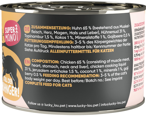 Katzenfutterdose mit der Aufschrift Zusammensetzung, Fütterungsempfehlung und Alleinfuttermittel für Katzen