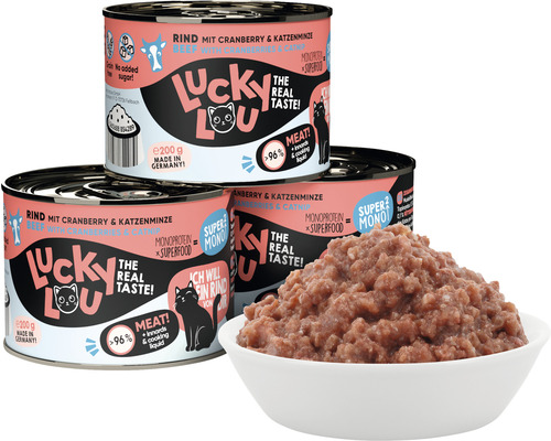 Lucky Lou Katzenfutter mit Rind, Cranberry und Katzenminze in Dosen