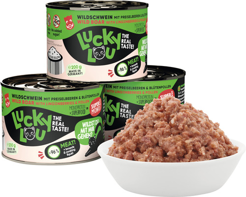 Drei Dosen Lucky Lou Katzenfutter Wildschwein mit Preiselbeeren und Blütenpollen, zusätzlich eine Schale mit Futter