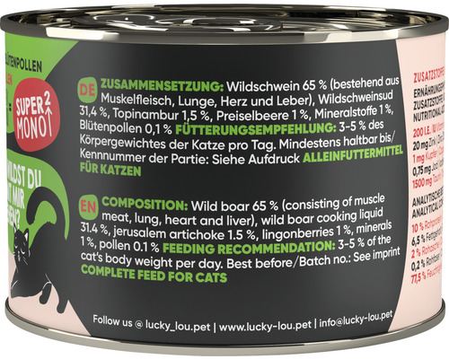 Lucky Lou Super Mono 2 Katzenfutter mit Wildschwein, Zusammensetzung und Fütterungsempfehlung aufgedruckt