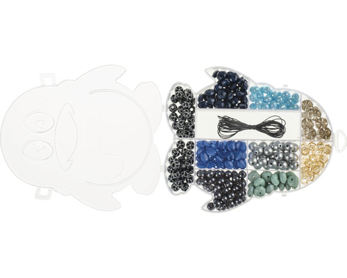 Perlen-Set in einer Fisch-förmigen Box mit verschiedenen Perlen und Schnüren