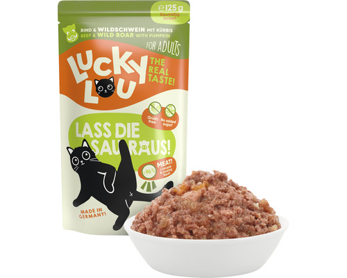 Lucky Lou Nassfutter Rind und Wildschwein mit Kürbis für ausgewachsene Katzen