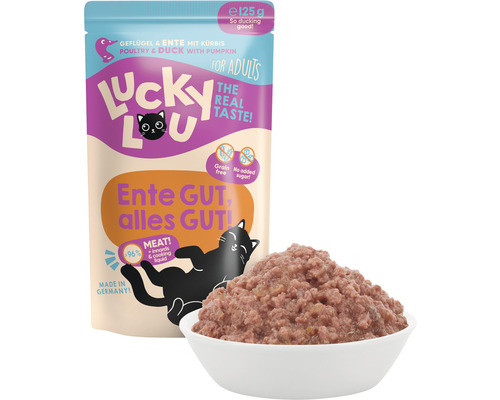 Lucky Lou Katzenfutter Geflügel und Ente mit Kürbis im Beutel und im Napf