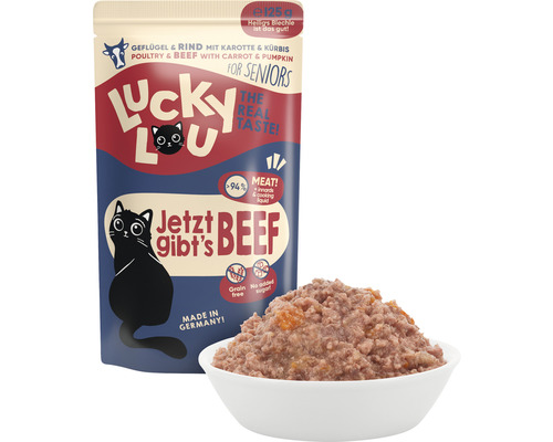 Lucky Lou Senior Nassfutter mit Geflügel und Rind, Karotte und Kürbis in einer Schale