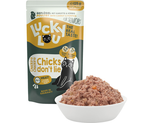 Lucky Lou Katzenfutter für Senioren mit Geflügel, Karotte und Kürbis in einer 125 Gramm Packung und einer Schale Futter