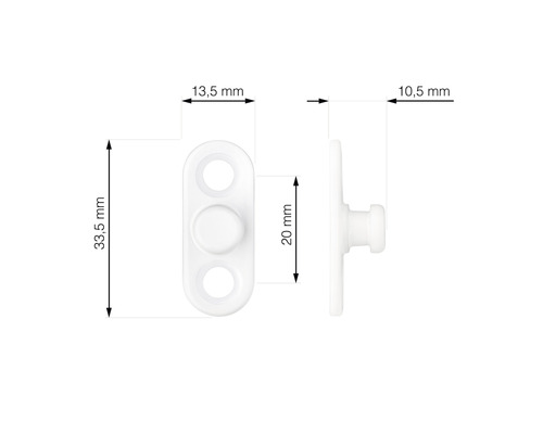 Weiße Befestigung mit Maßangaben von 33,5 mm Länge, 13,5 mm Breite, 20 mm Mittelteil und 10,5 mm Tiefe.