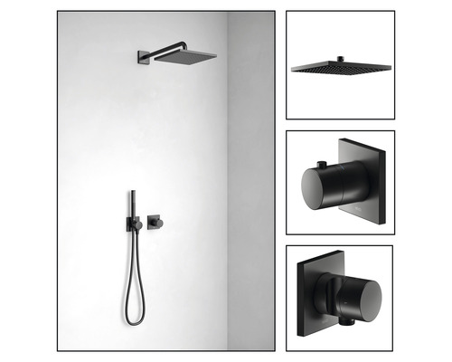 KEUCO Duscharmatur IXMO SETS BLACK SELECTION DVGW geprüft schwarz matt 59602370002 Duschsystem mit Kopfbrause, Handbrause und Thermostatmischer zur Wandmontage.