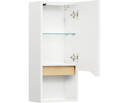 Geöffneter weißer Spiegelschrank mit Glasablage und Schublade