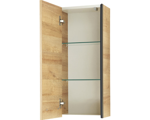 Geöffneter Spiegelschrank mit zwei Glasböden