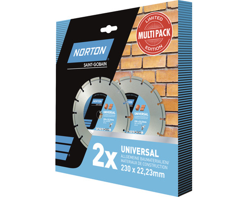 Norton Diamantscheiben-Set Universal Ø 230x22,23 mm inkl. 2x Diamanttrennscheiben Norton Saint-Gobain Logo. Zwei Universal Trennscheiben mit 230 x 22,23 Millimeter Durchmesser im Multipack