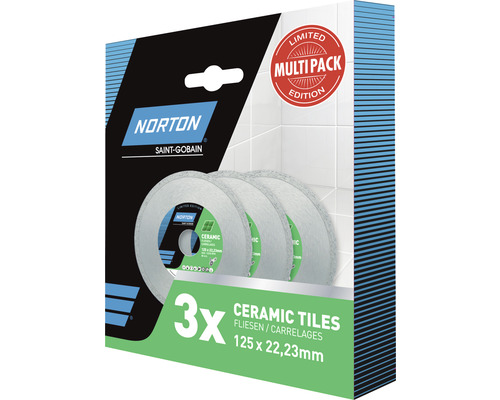 Norton Diamantscheiben-Set Keramik Ø 125x22,23 mm inkl. 3x Diamanttrennscheiben Norton Logo. Packung mit drei Fliesenschneidern, 125 x 22,23 Millimeter, geeignet für Keramikfliesen.