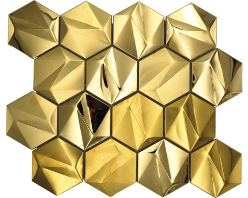 Metallmosaik HXM 30GO Hexagon 3D Stahl Gold glänzend 25,7x29,7cm Goldfarbenes Mosaik aus sechseckigen Fliesen