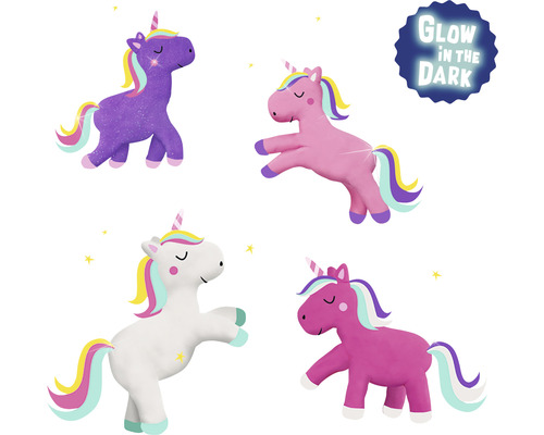 Illustration von vier Einhörnern mit der Aufschrift Leuchtet im Dunkeln