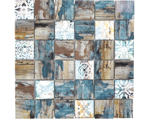 Glasmosaik XCM Wood 800 Quadrat Crystal mix beige/petrol 29,8x29,8cm Quadratische Mosaikfliese mit Holz- und Musterdesign für Wand- und Bodengestaltung