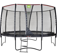 Schwarzes Gartentrampolin mit Sicherheitsnetz und Leiter