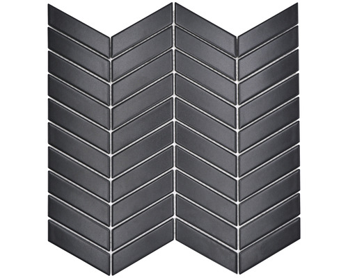 Keramikmosaik CHEV 29 Chevron uni schwarz matt 28,85x30,25cm Dunkle Mosaikfliese im Fischgrätmuster für Wand- und Bodengestaltung.