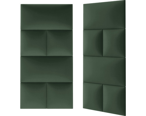 Zwei grüne Akustikpaneele mit rechteckigen und quadratischen Formen.