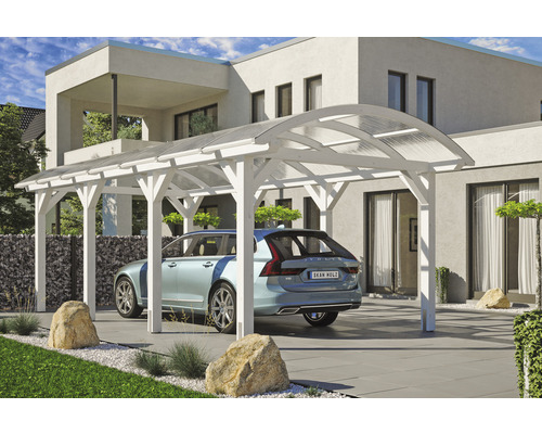 Einzelcarport SKAN HOLZ Franken inkl. Pfostenanker 376 x 755 cm weiß Carport mit Auto vor einem Wohnhaus