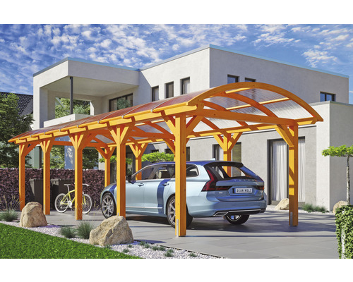 Carport aus Holz mit Fahrzeug und Fahrrad im Garten