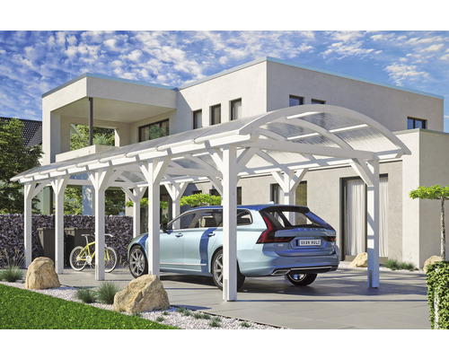 Einzelcarport SKAN HOLZ Franken inkl. Pfostenanker 376 x 969 cm weiß Freistehender Carport aus Holz mit durchsichtigem Dach und geparktem Auto