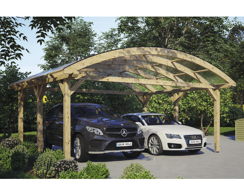 Doppelcarport aus Holz mit zwei geparkten Autos